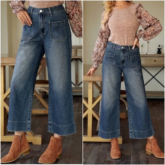 Vintage Wash Dark Wash Cropped Pockets Denim Jeans - Picture 2 of 3